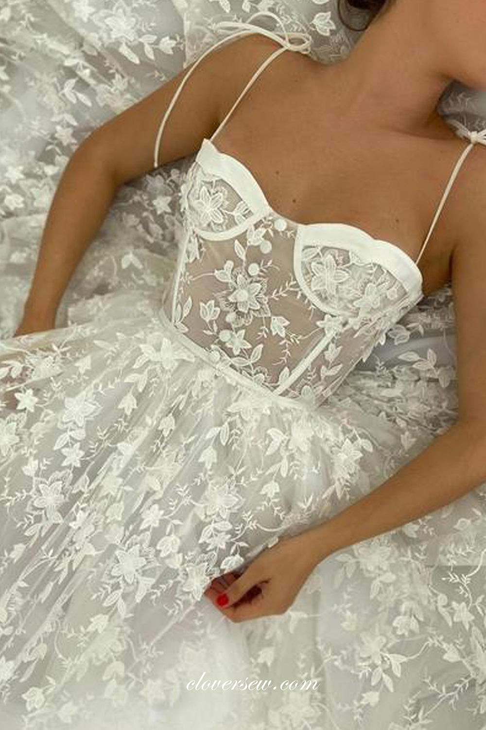 Fashion Lace Illusion Spaghetti Strap French Wedding Dresses, CW0284