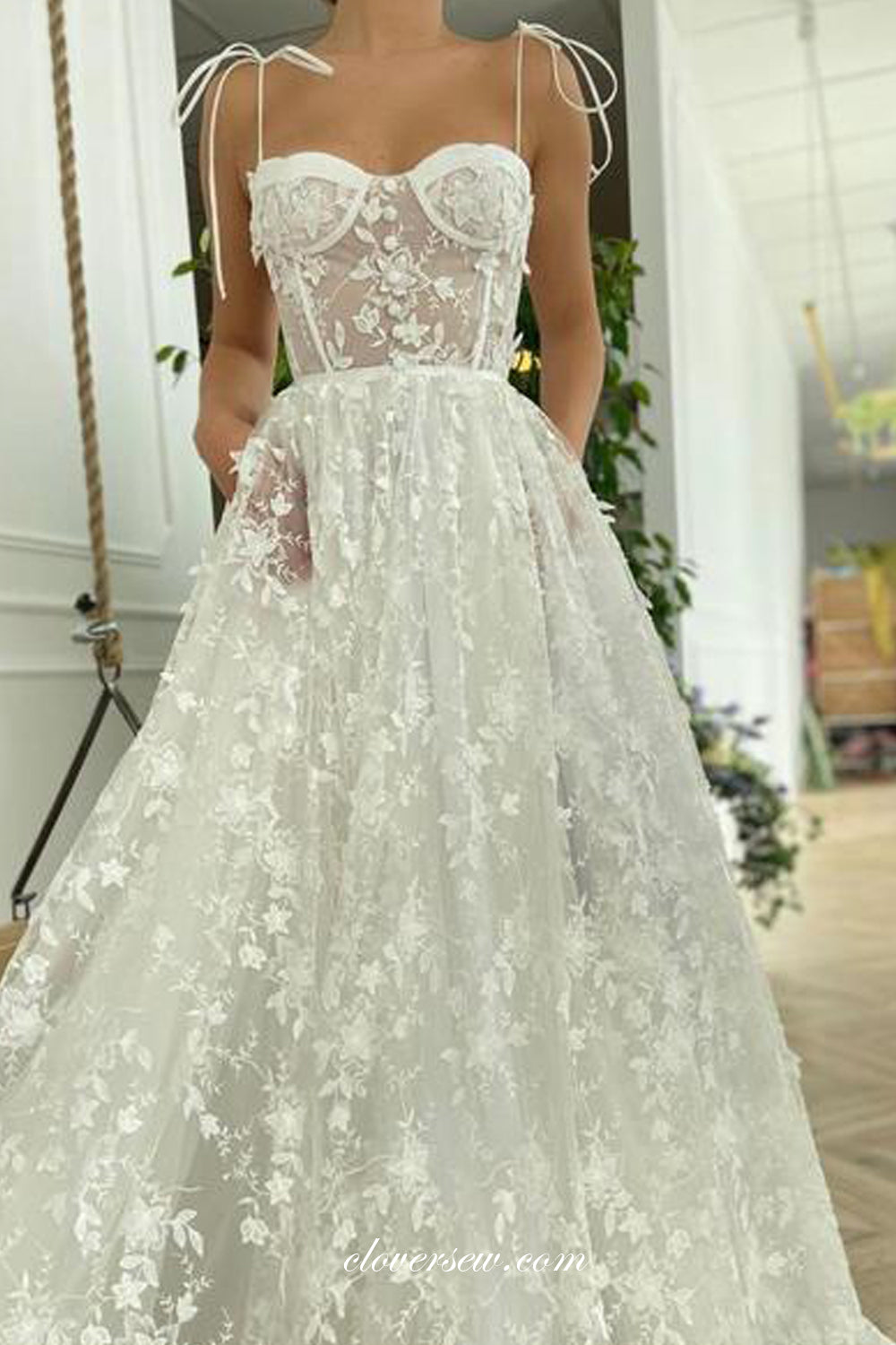 Fashion Lace Illusion Spaghetti Strap French Wedding Dresses, CW0284