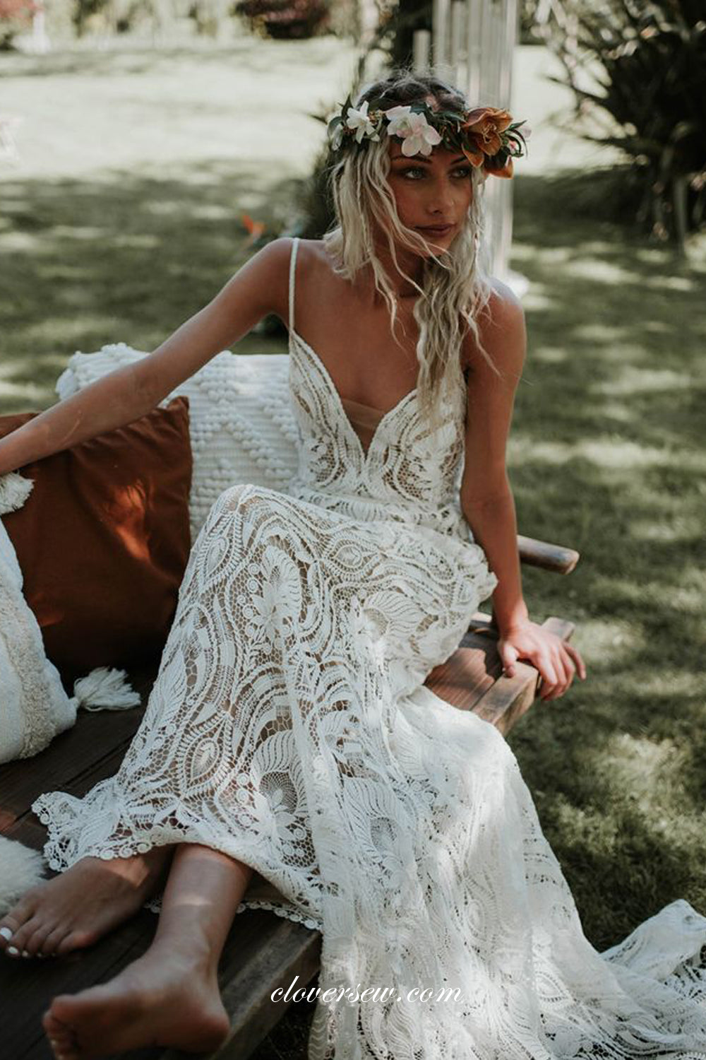 Fashion Lace Spaghetti Strap Sheath With Sweep Train Charming Wedding Dresses, CW0286