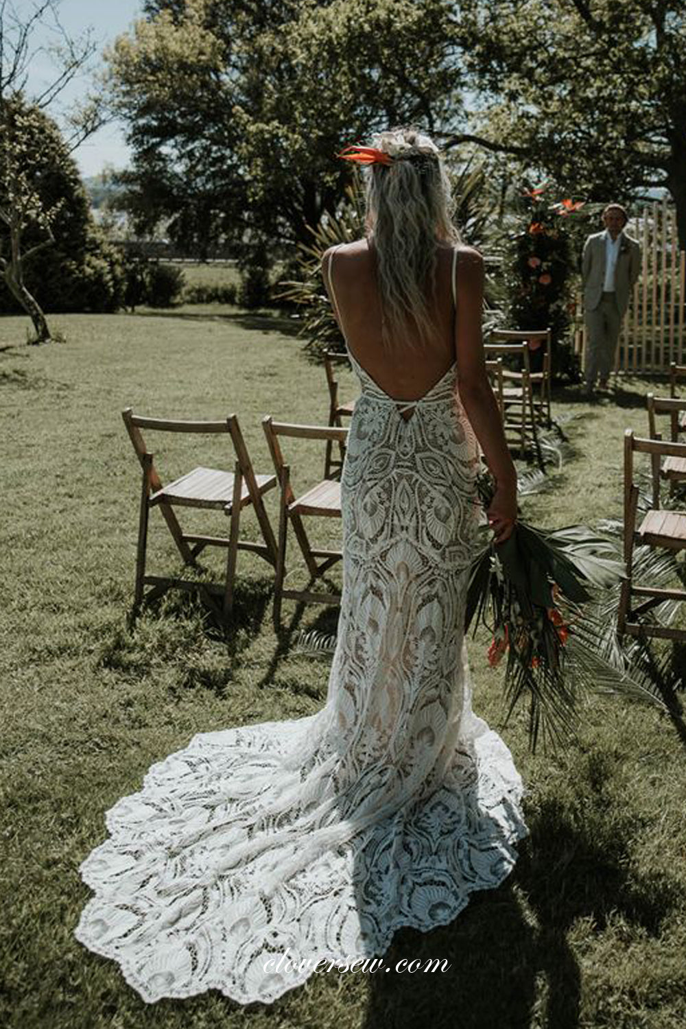 Fashion Lace Spaghetti Strap Sheath With Sweep Train Charming Wedding Dresses, CW0286