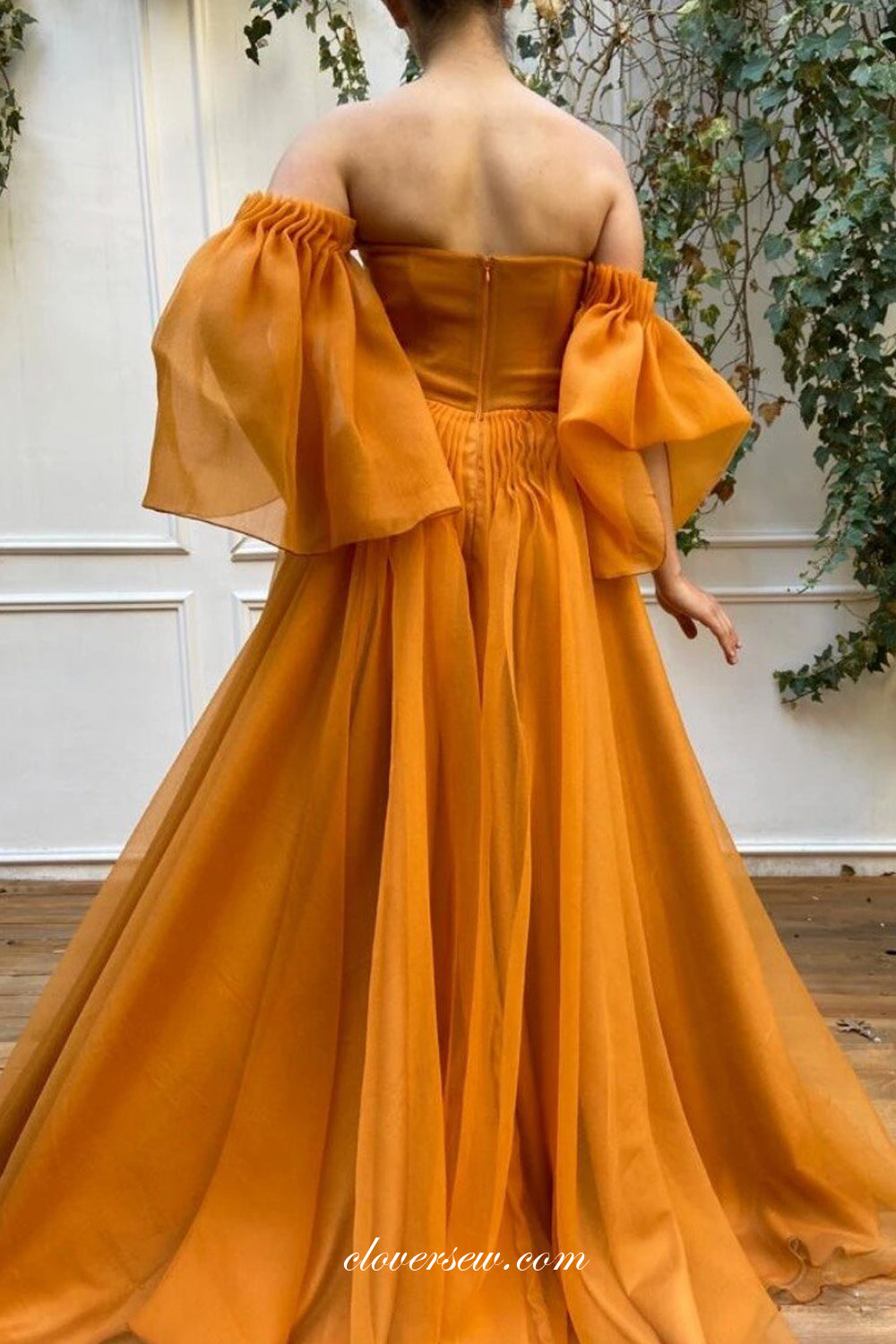 Fashion Pleating Tulle High Slit A-line Off The Shoulder Prom Dresses, CP0792