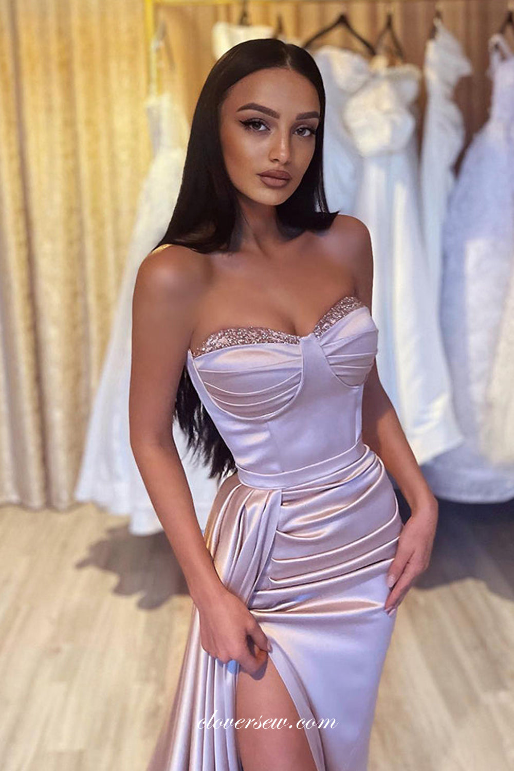 Fashion Popular Strapless Pleating Elastic Satin Sheath With High Slit Prom Dresses, CP0929