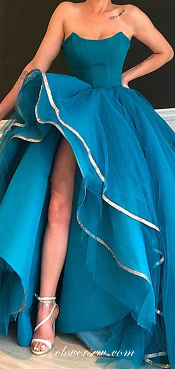 Fashion Blue Tulle Ruffles Slit Strapless Ball Gown Prom Dresses,CP0426