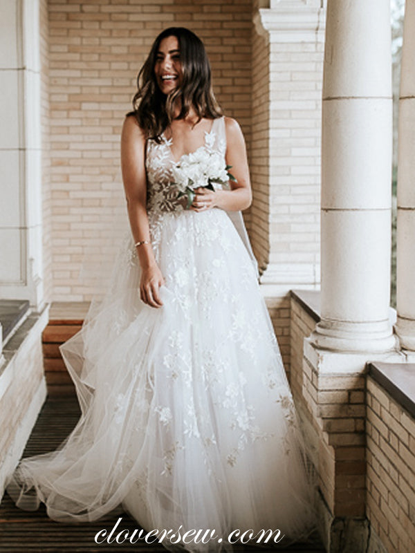 Fashion Lace Applique Tulle V-neck A-line Wedding Dresses, CW0050 clover sew Fashion Lace Applique Tulle V-neck A-line Wedding Dresses, CW0050 clover sew
