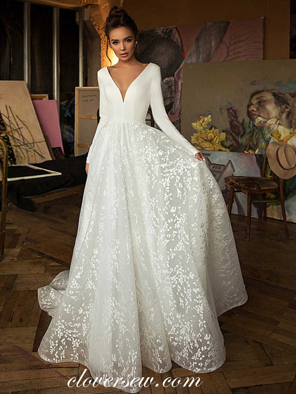 Fashion Lace Satin Long Sleeves A-line V-back Wedding Dresses,CW0108 clover sew Fashion Lace Satin Long Sleeves A-line V-back Wedding Dresses,CW0108 clover sew