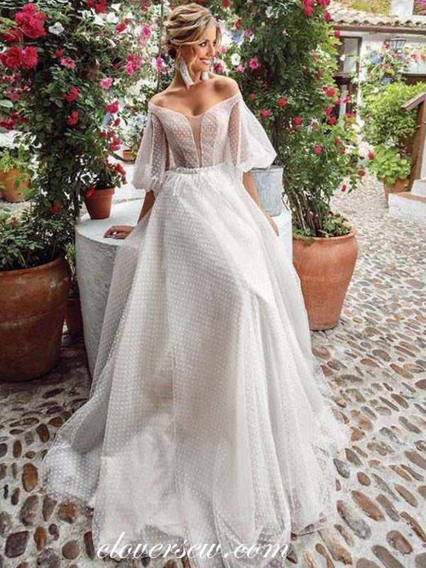 Fashion Tulle Off The Shoulder Lantern Sleeves A-line Wedding Dresses clover sew Fashion Tulle Off The Shoulder Lantern Sleeves A-line Wedding Dresses clover sew