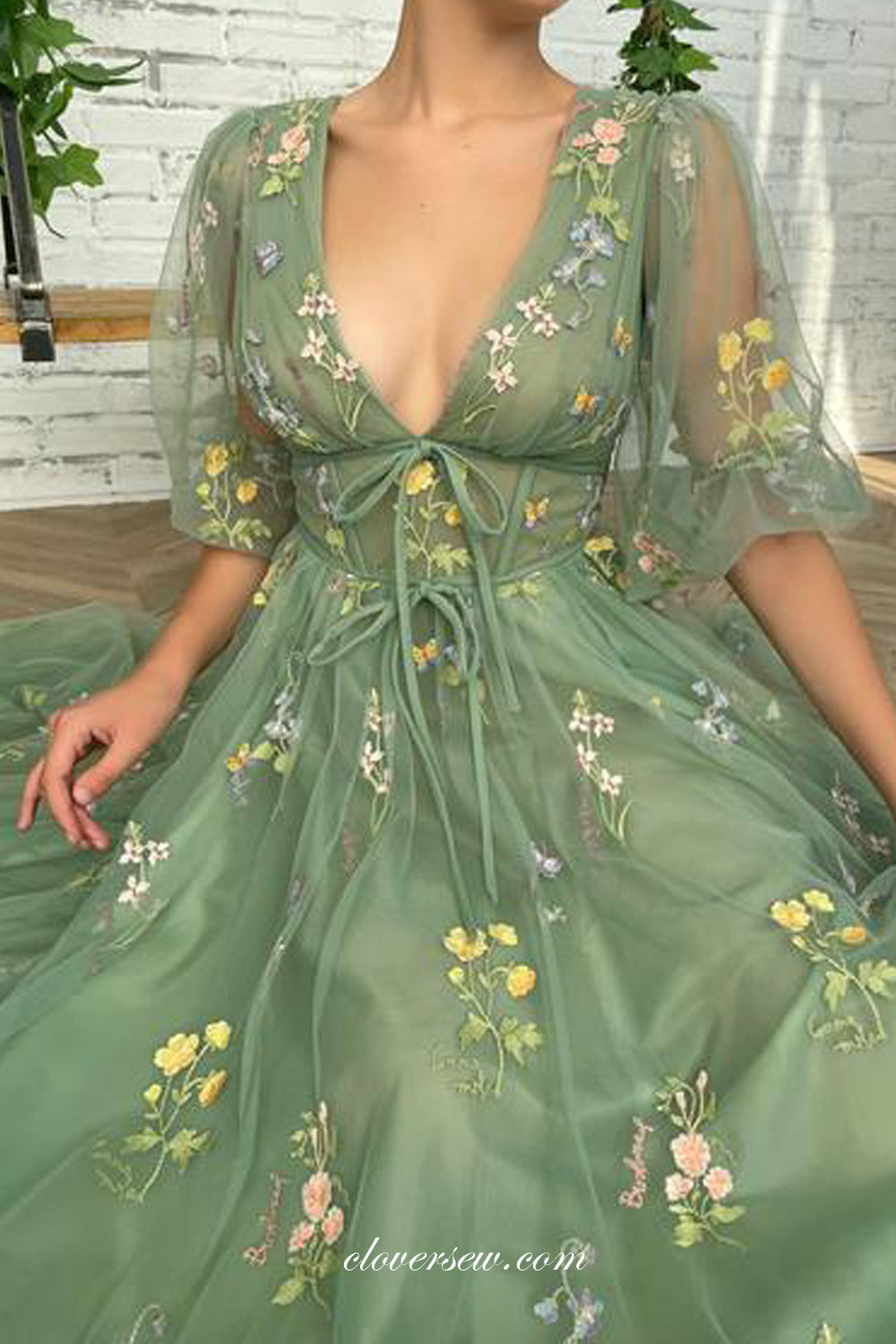 Floral Embroidery Tulle Half Sleeves V-neck Green Ankle Length Party Dresses, CP0733