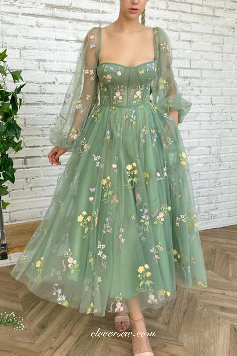 Floral Embroidery Tulle Long Sleeves Green Tulle Ankle Length Party Dresses, CP0732