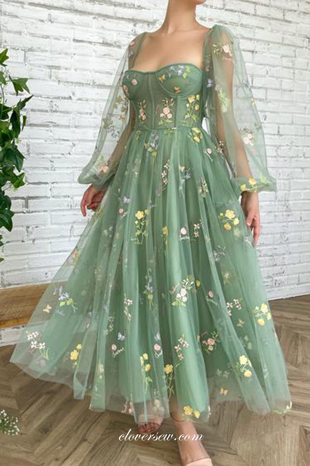 Floral Embroidery Tulle Long Sleeves Green Tulle Ankle Length Party Dresses, CP0732
