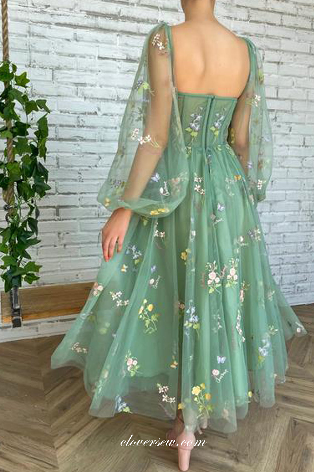 Floral Embroidery Tulle Long Sleeves Green Tulle Ankle Length Party Dresses, CP0732
