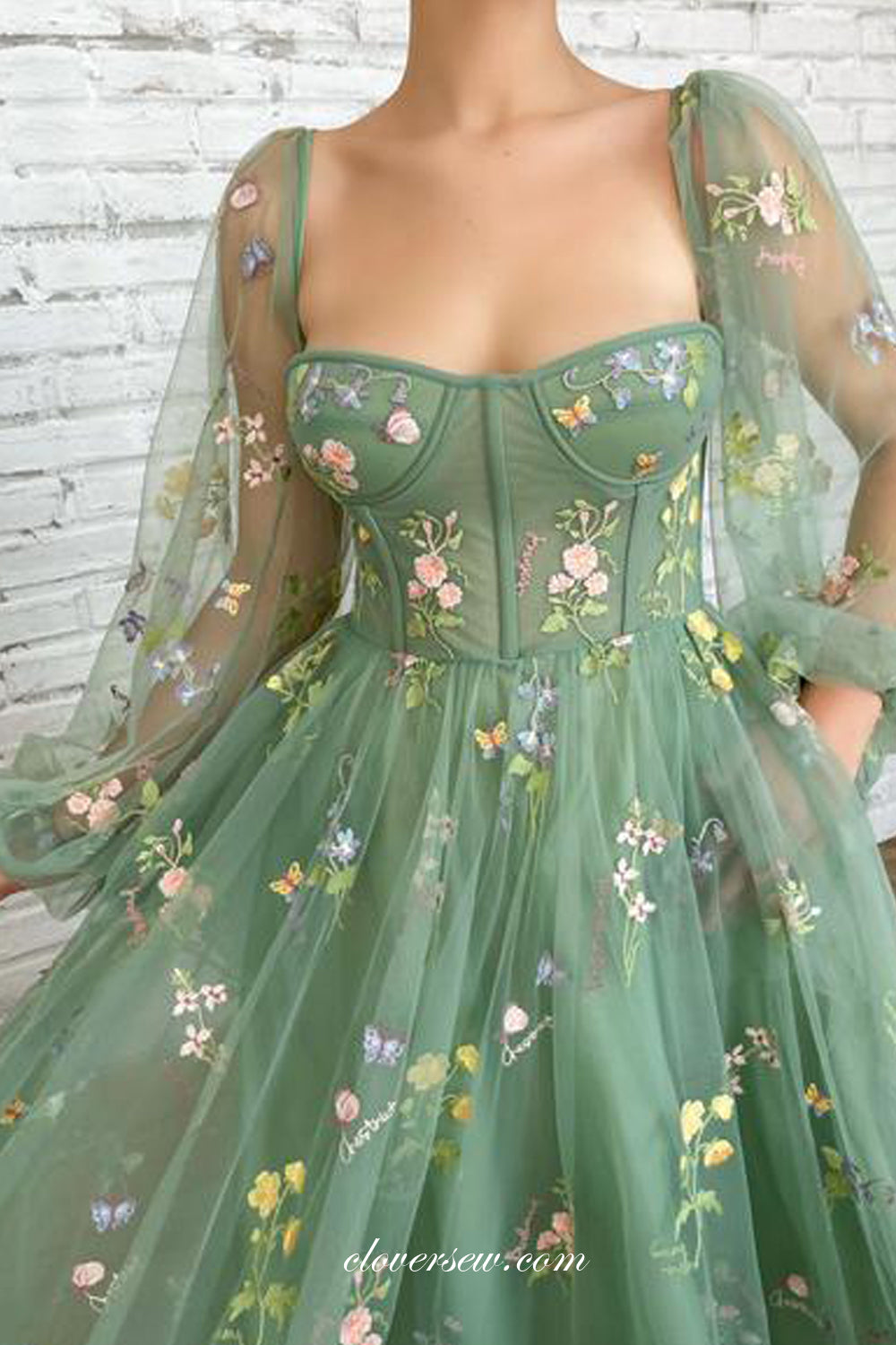 Floral Embroidery Tulle Long Sleeves Green Tulle Ankle Length Party Dresses, CP0732