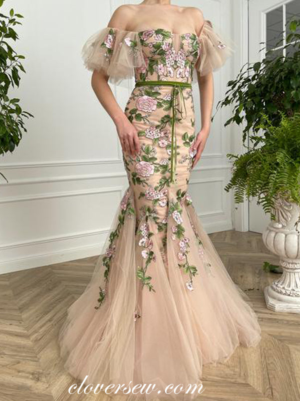 Floral Embroidery Tulle Nude Off The Shoulder Mermaid Prom Dresses, CP clover sew Floral Embroidery Tulle Nude Off The Shoulder Mermaid Prom Dresses, CP clover sew