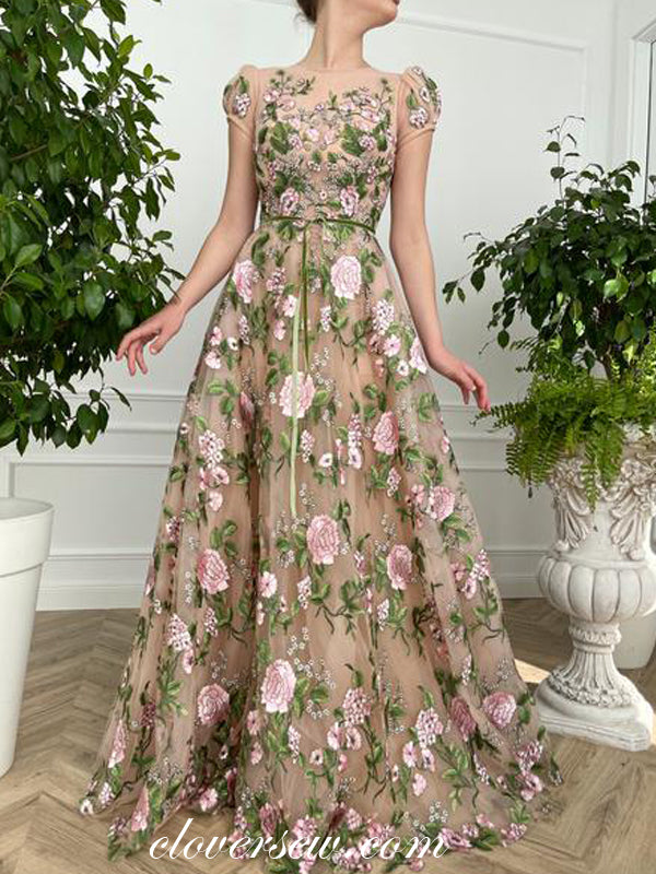 Floral Embroidery Tulle Nude Short Sleeves A-line Prom Dresses, CP0769 clover sew Floral Embroidery Tulle Nude Short Sleeves A-line Prom Dresses, CP0769 clover sew