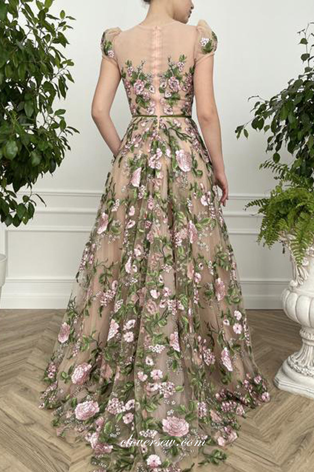 Floral Embroidery Tulle Nude Short Sleeves A-line Prom Dresses, CP0769
