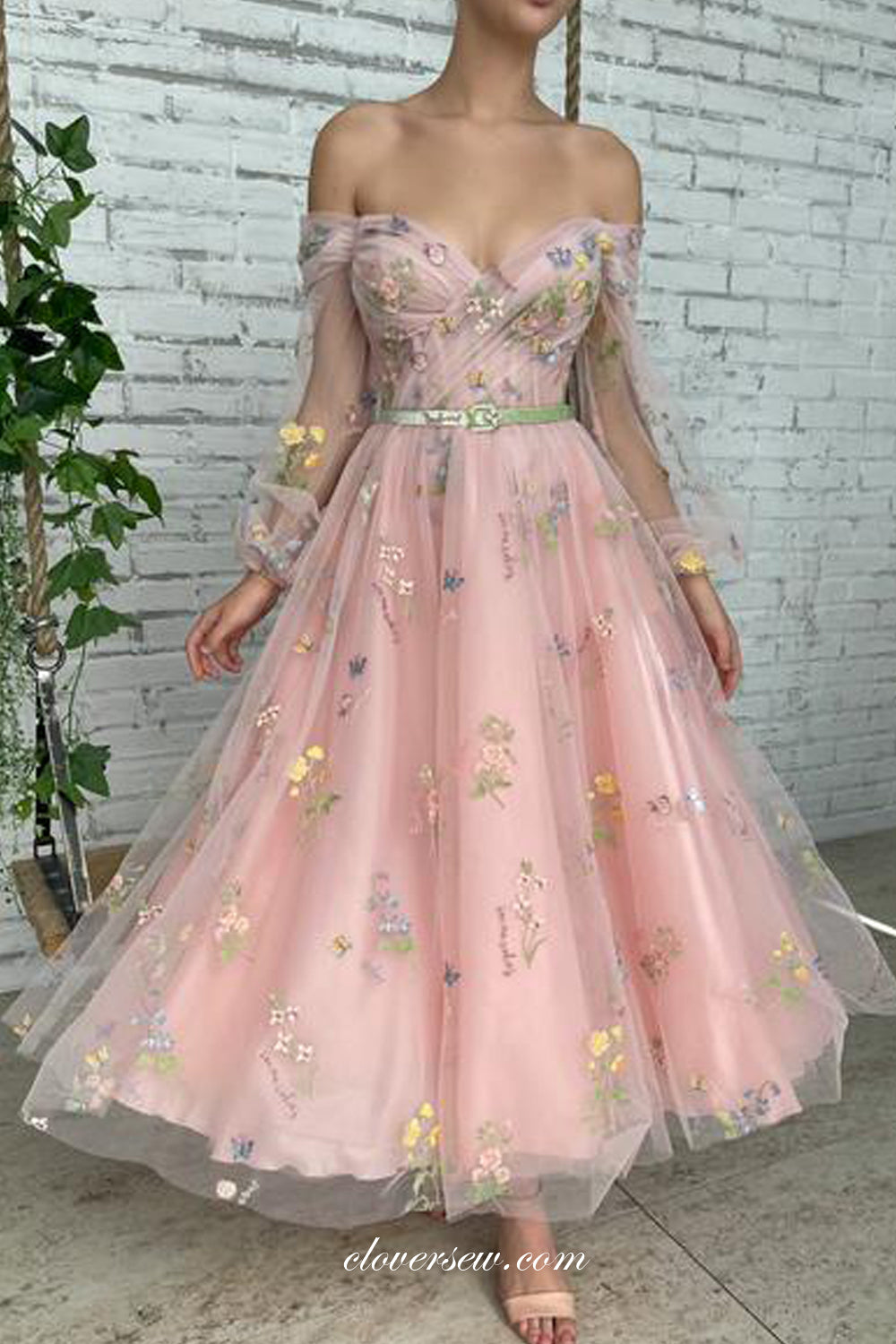 Floral Embroidery Tulle Off The Shoulder Long Sleeves Pink Ankle Length Party Dresses, CP0734