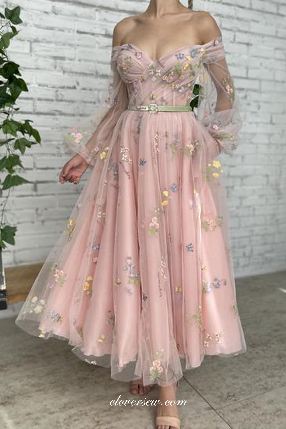 Floral Embroidery Tulle Off The Shoulder Long Sleeves Pink Ankle Length Party Dresses, CP0734