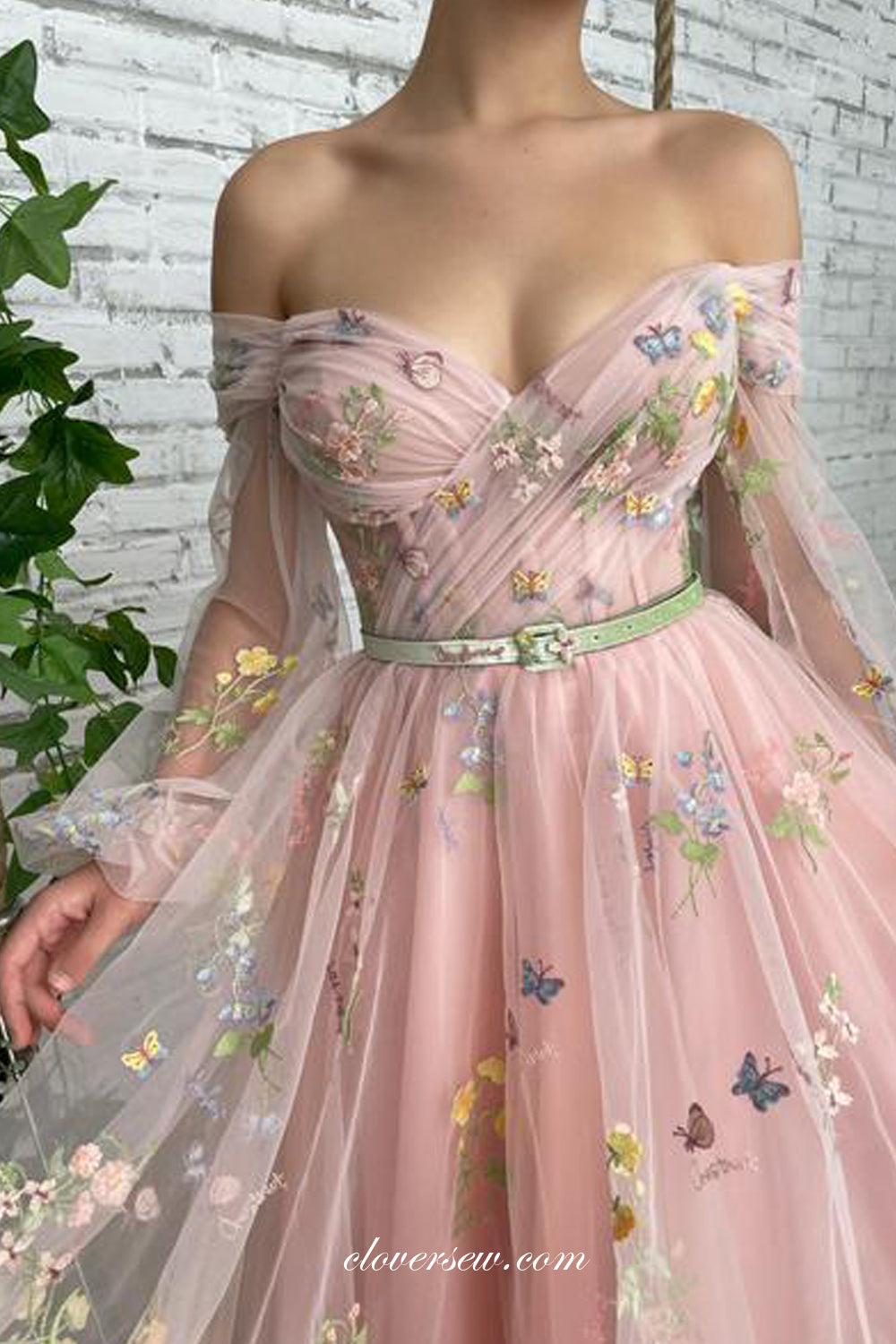 Floral Embroidery Tulle Off The Shoulder Long Sleeves Pink Ankle Length Party Dresses, CP0734