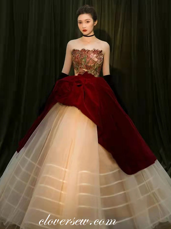 Floral Printed Satin Burgundy Ivory Ball Gown Strapless Princess Dress clover sew Floral Printed Satin Burgundy Ivory Ball Gown Strapless Princess Dress clover sew