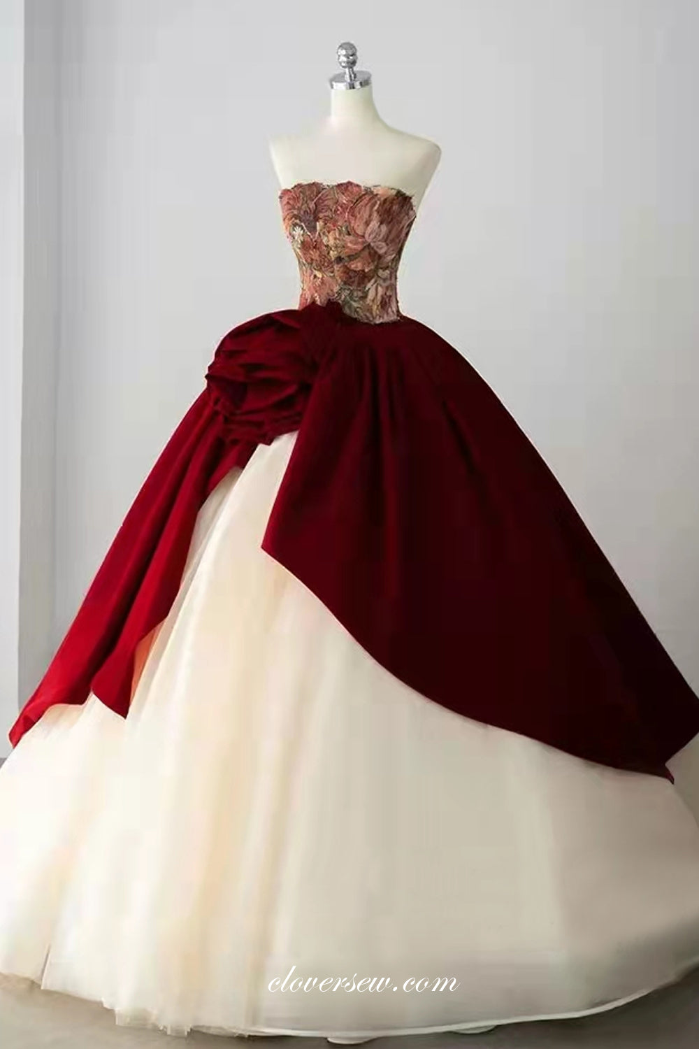 Floral Printed Satin Burgundy Ivory Ball Gown Strapless Princess Dresses, CP0793