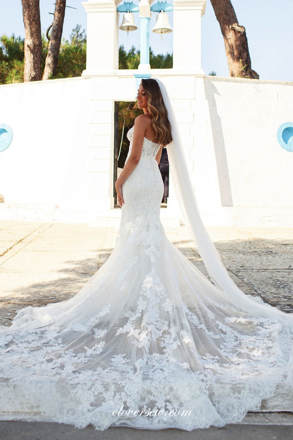 Fully Lace Applique Sweetheart Strapless With Stunning Train Wedding Dresses, CW0310
