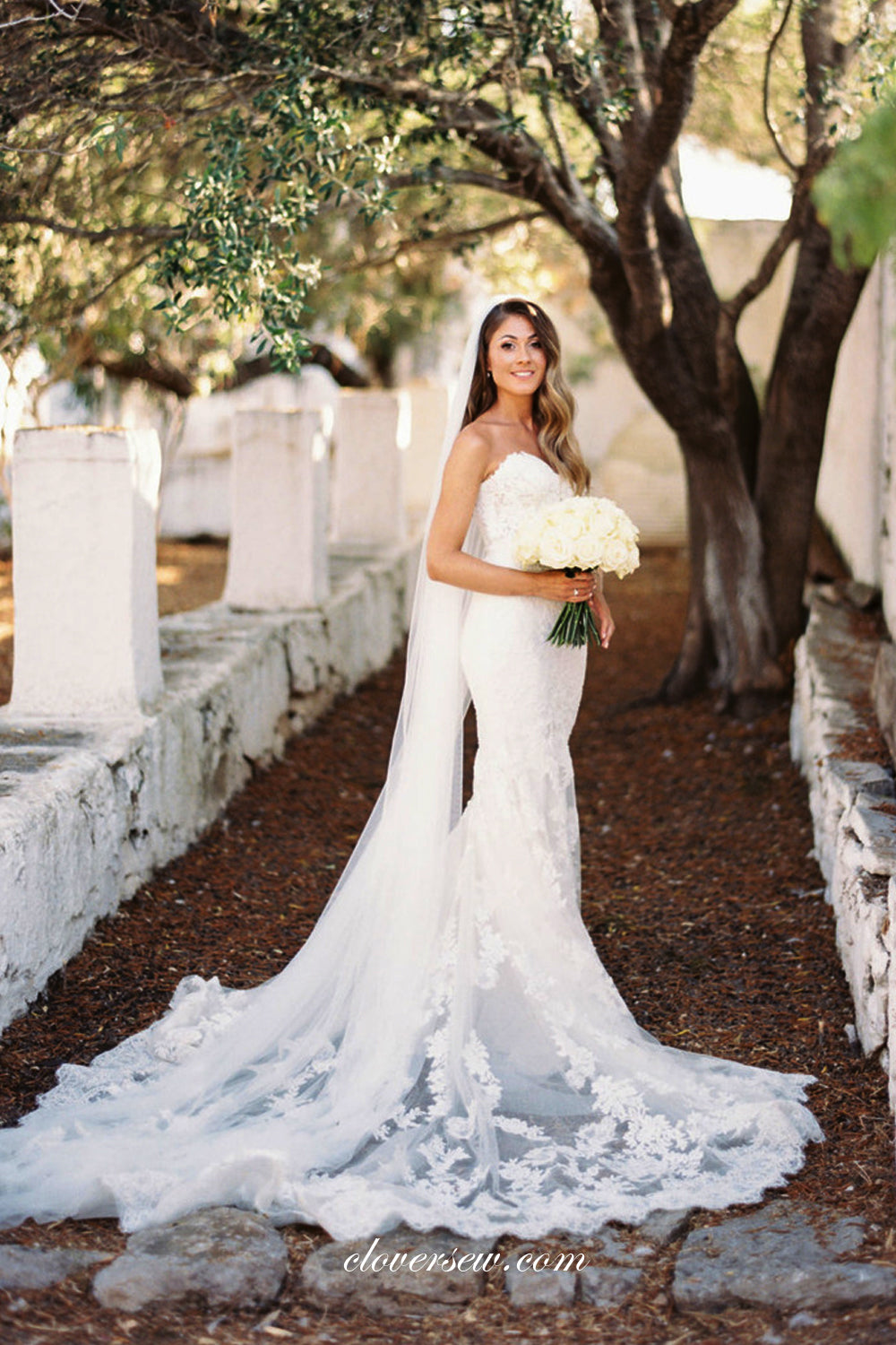 Fully Lace Applique Sweetheart Strapless With Stunning Train Wedding Dresses, CW0310