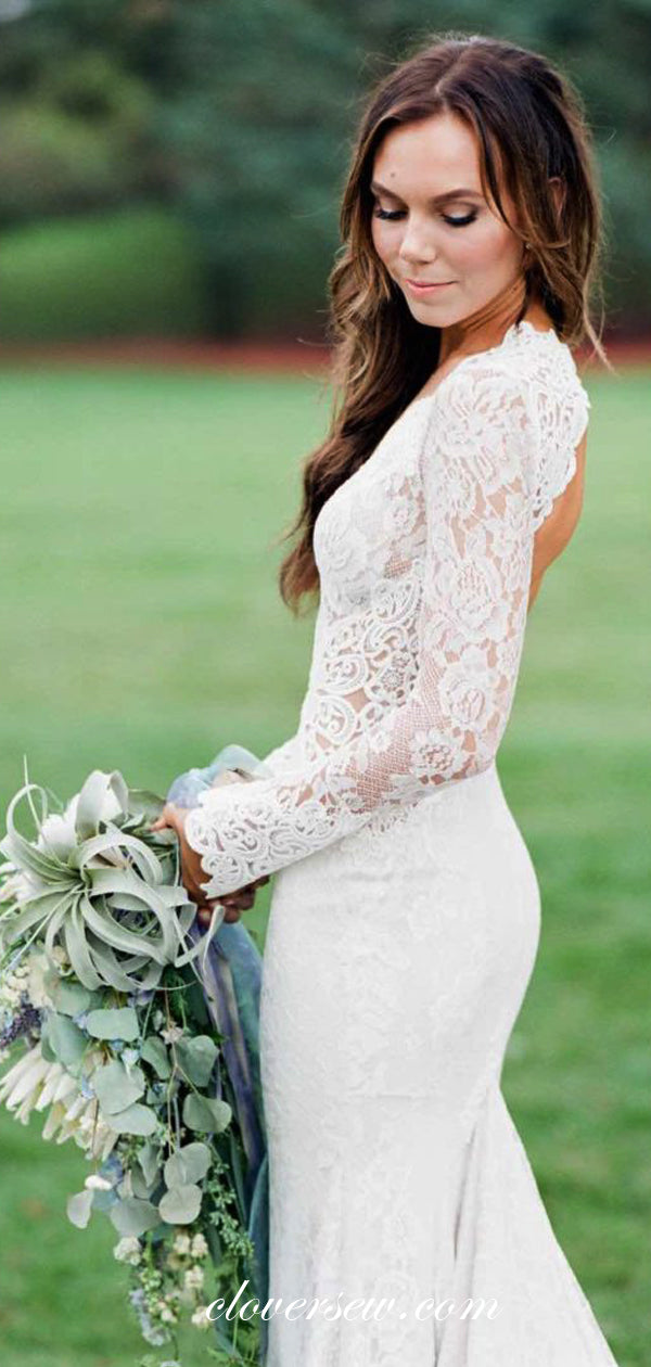 Fully Lace Long Sleeves Open Back Mermaid Wedding Dresses,CW0130