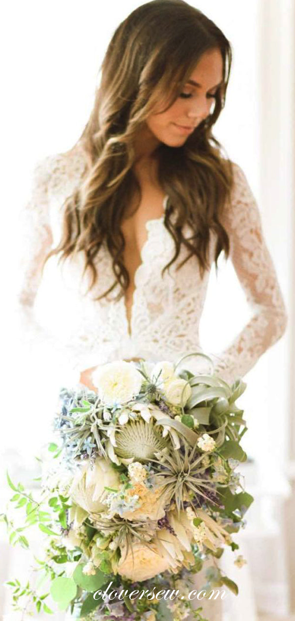 Fully Lace Long Sleeves Open Back Mermaid Wedding Dresses,CW0130