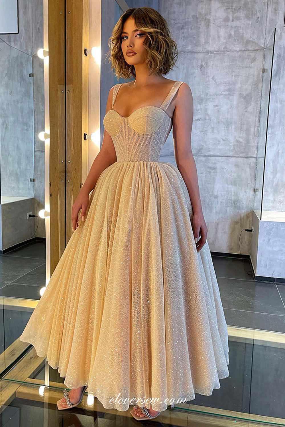 Glitter Sweetheart A-line Ankle Length Fashion Sparkly Prom Dresses, CP0932