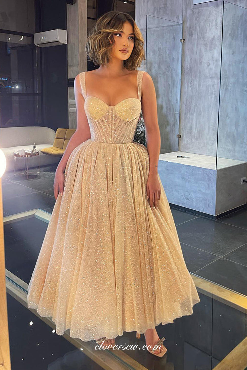 Glitter Sweetheart A-line Ankle Length Fashion Sparkly Prom Dresses, CP0932