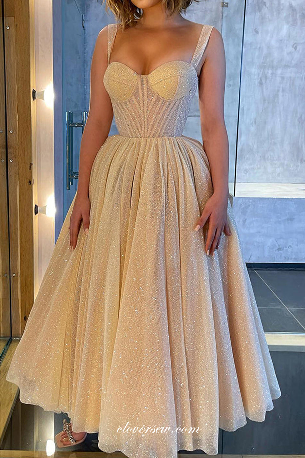 Glitter Sweetheart A-line Ankle Length Fashion Sparkly Prom Dresses, CP0932