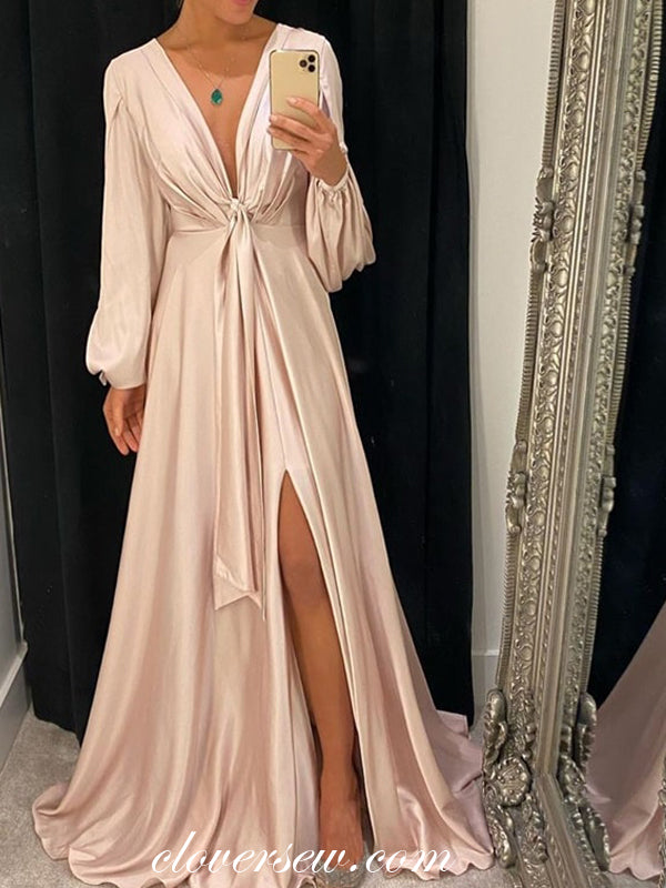 Gold Champagne Elastic Satin Long Sleeves Party Dresses, CP0673 clover sew Gold Champagne Elastic Satin Long Sleeves Party Dresses, CP0673 clover sew