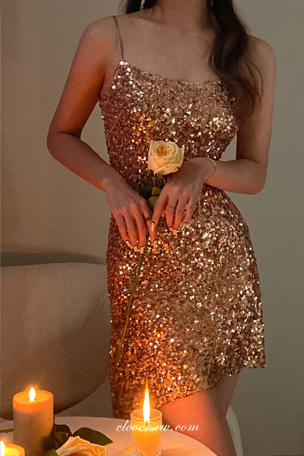 Gold Champagne Sequined Spaghetti Strap Sheath Cocktail Dresses, CH0042