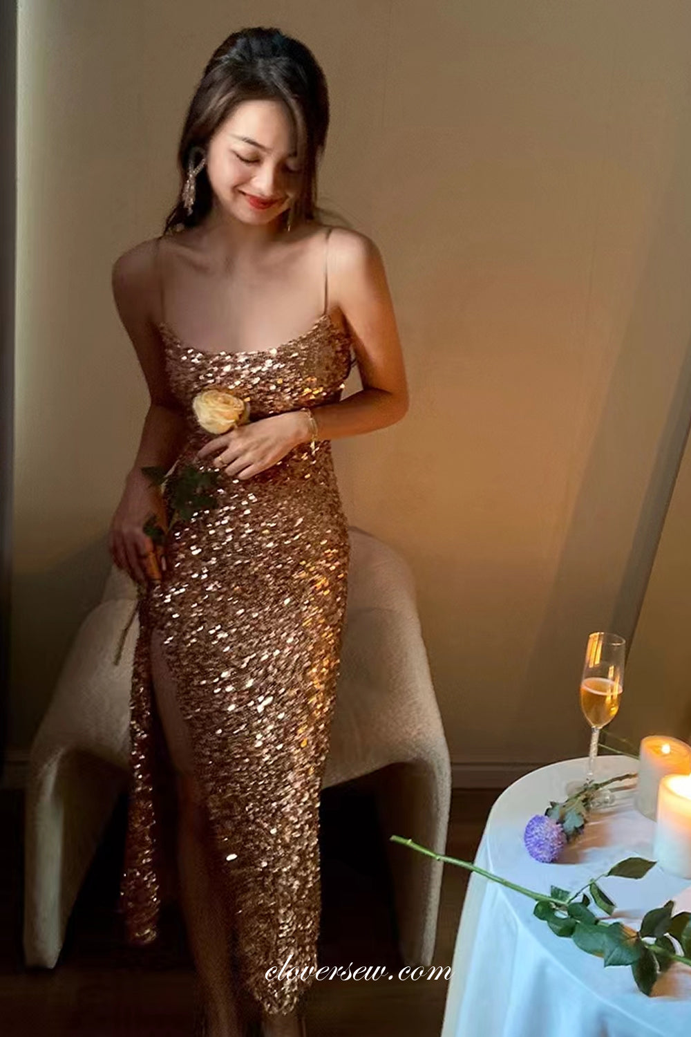 Gold Champagne Sequined Spaghetti Strap Side Slit Party Dresses,CH0045