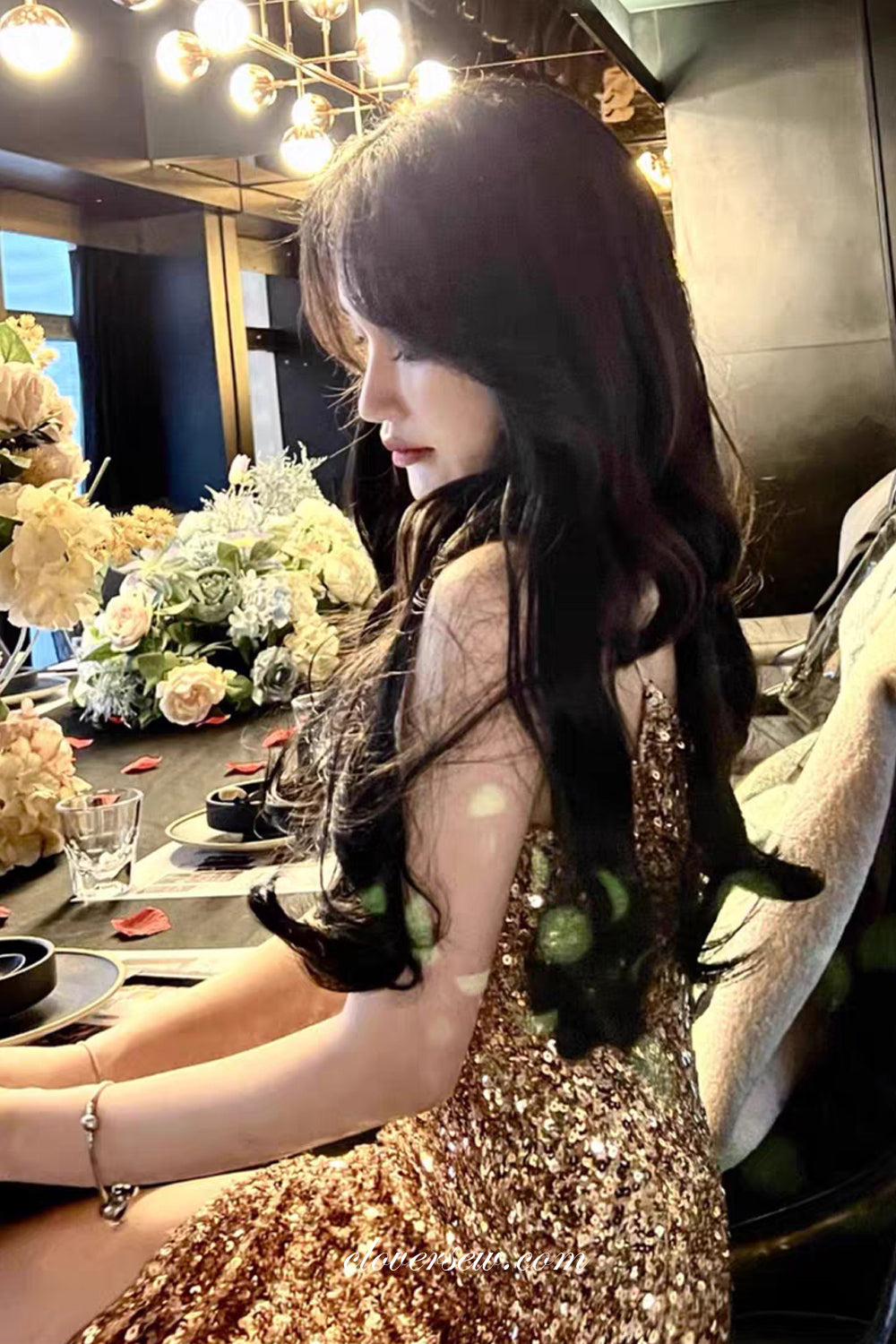 Gold Champagne Sequined Spaghetti Strap Side Slit Party Dresses,CH0045