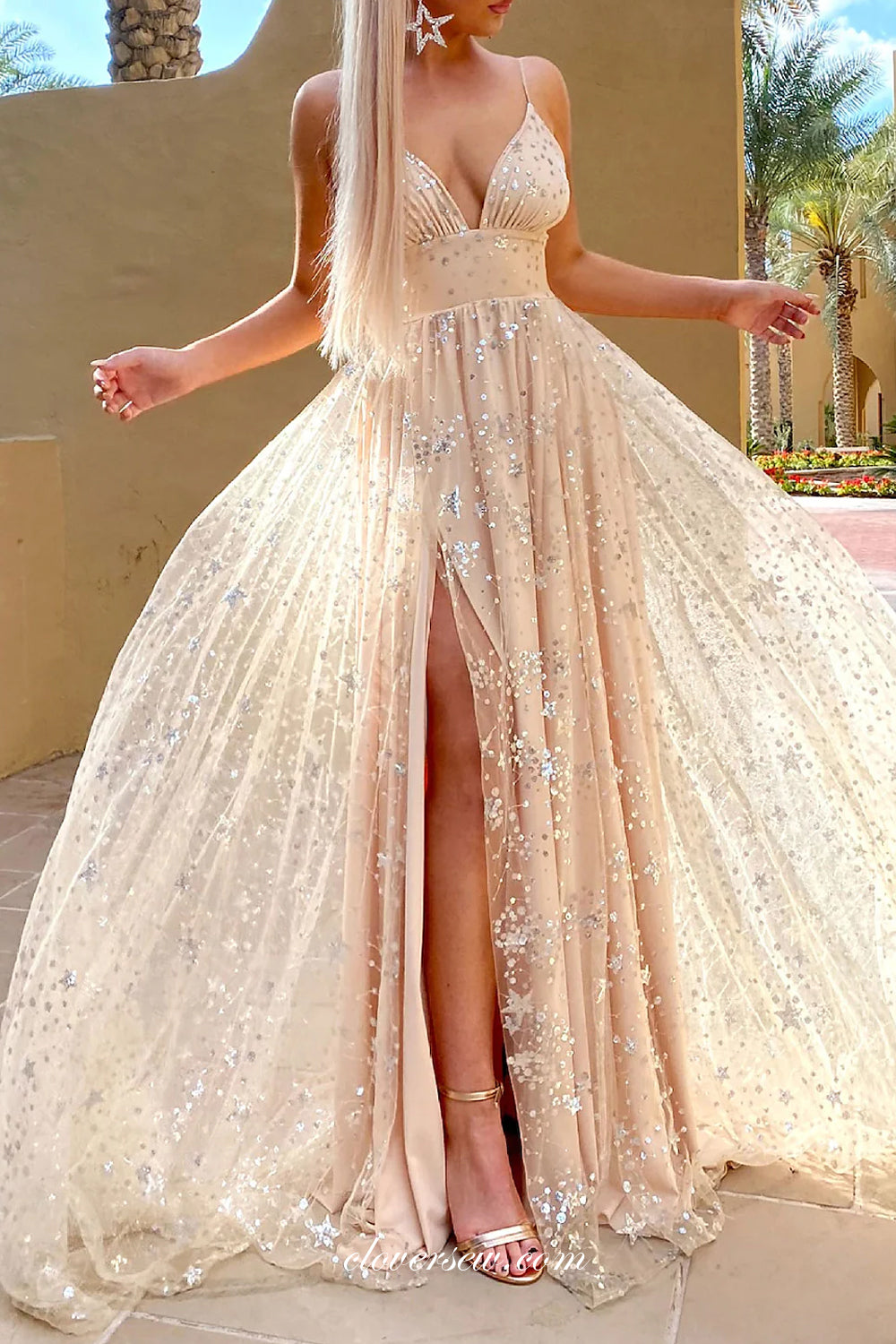 Gold Champagne Star Sequined Tulle A-line With High Slit Prom Dresses, CP0777