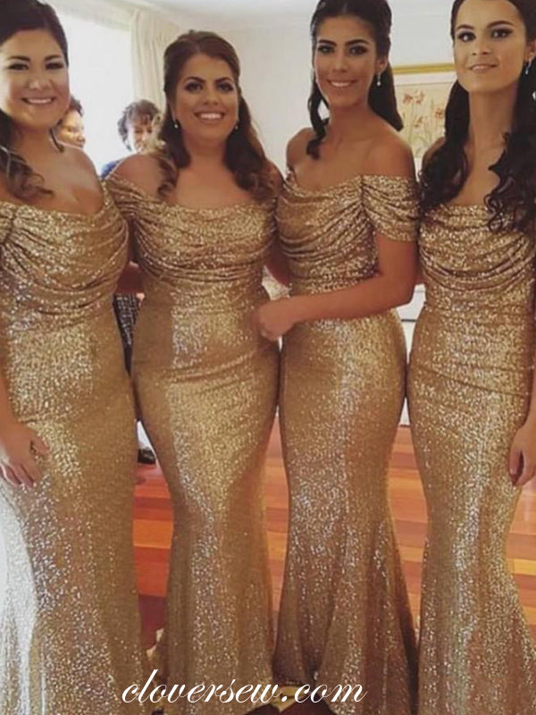 Missacc Gold Bridesmaid Gold Sequined Off-The-Shoulder Trumpet/Mermaid Bridesmaid Dresses With Ruffle Missacc Gold Bridesmaid Gold Sequined Off-The-Shoulder Trumpet/Mermaid Bridesmaid Dresses With Ruffle