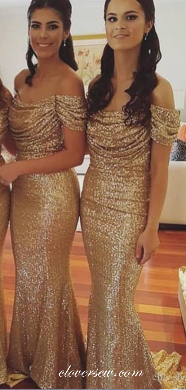 Gold Sequin Off The Shoulder Mermaid Shiny Bridesmaid Dresses,CB0168