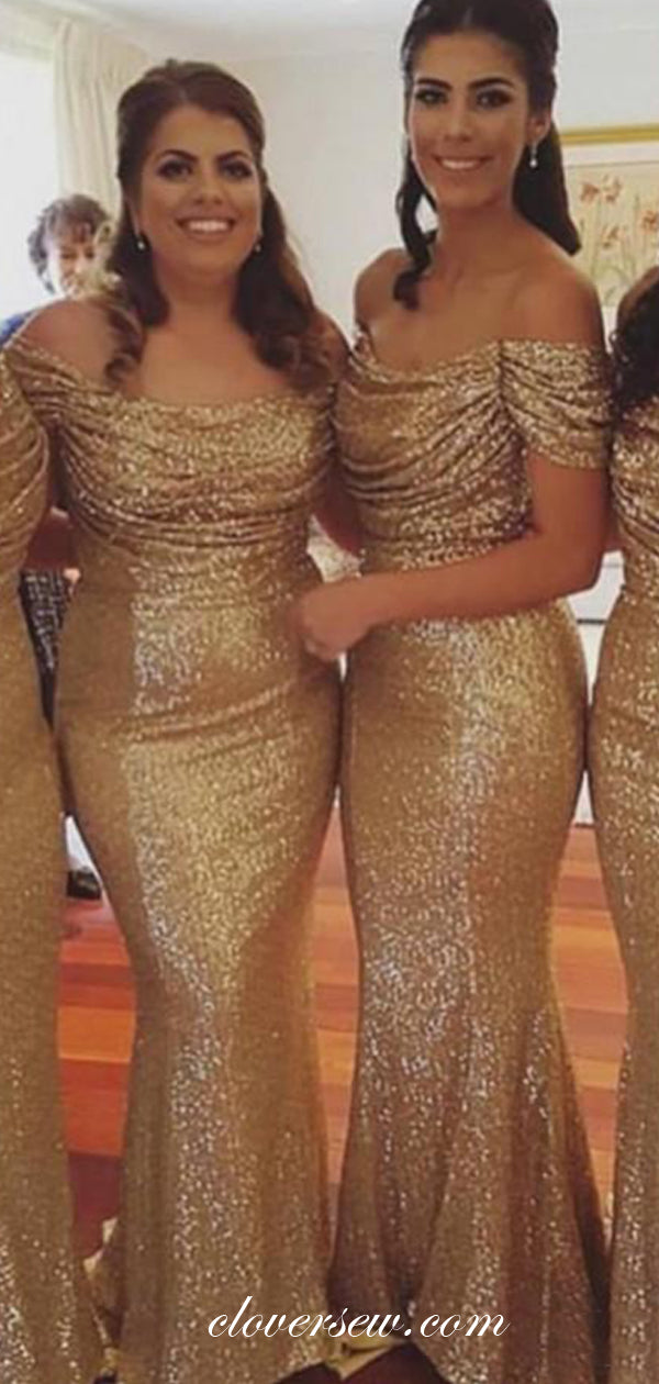 Gold Sequin Off The Shoulder Mermaid Shiny Bridesmaid Dresses,CB0168