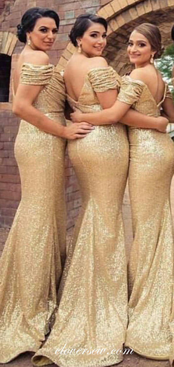Gold Sequin Off The Shoulder Mermaid Shiny Bridesmaid Dresses,CB0168