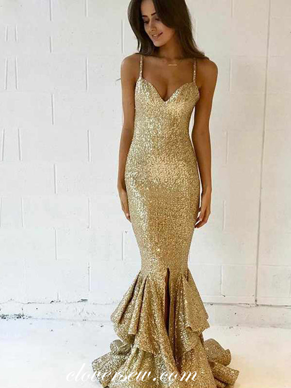 Gold Sequin Spaghetti Strap Ruffles Mermaid Prom Dresses, CP0106 US8 / As Pic Gold Sequin Spaghetti Strap Ruffles Mermaid Prom Dresses, CP0106 US8 / As Pic