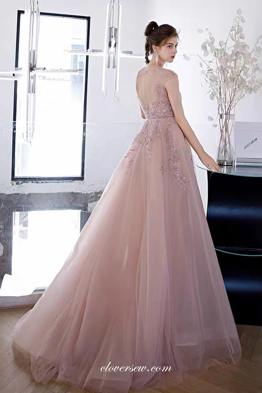 Gorgeous Beading Applique Pink Tulle Cap Sleeves A-line Prom Dresses,CP0975