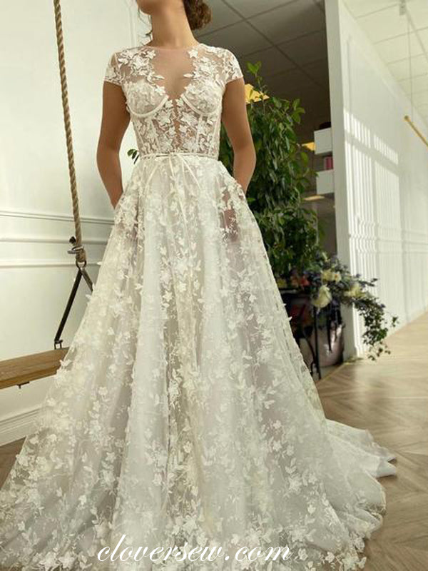 Gorgeous Lace Short Sleeve Illusion Top A-line Wedding Dresses CW0268 clover sew Gorgeous Lace Short Sleeve Illusion Top A-line Wedding Dresses CW0268 clover sew