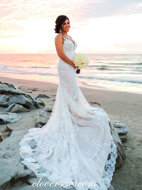lace and beaded wedding dress Gorgeous Lace Beaded Strap Column With Train Wedding Dresses, CW0016 US16 / Custom Color(leaving a note)