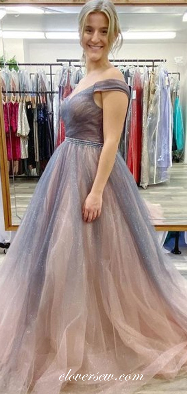 Gradient Shiny Tulle Off The Shoulder A-line Prom Dresses,CP0398