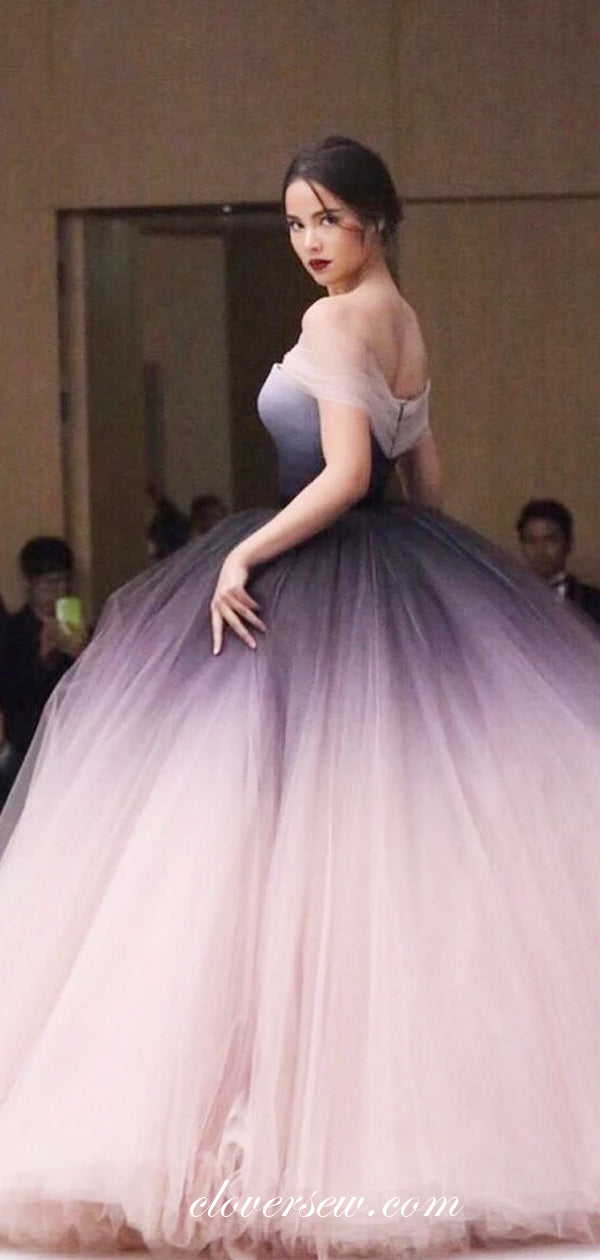 Gradient Tulle Dusty Pink Off The Shoulder Ball Gown Prom Dresses,CP0211