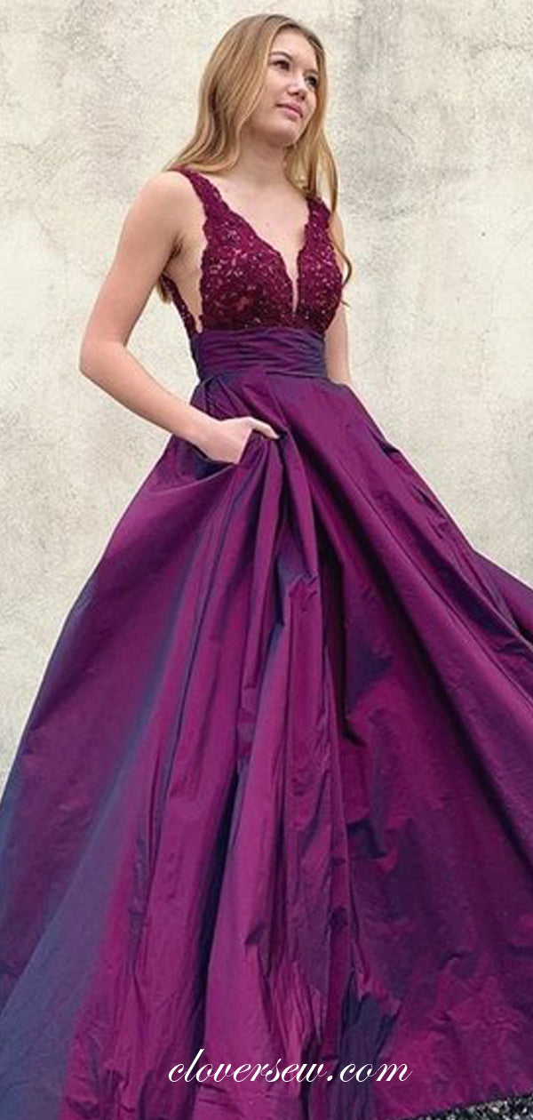 Grape Satin Lace Sleeveless V-neck A-line Prom Dresses, CP0528