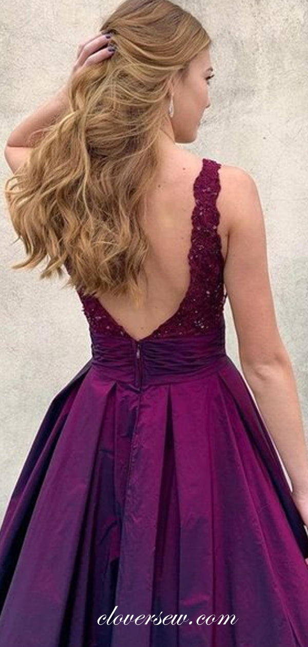 Grape Satin Lace Sleeveless V-neck A-line Prom Dresses, CP0528