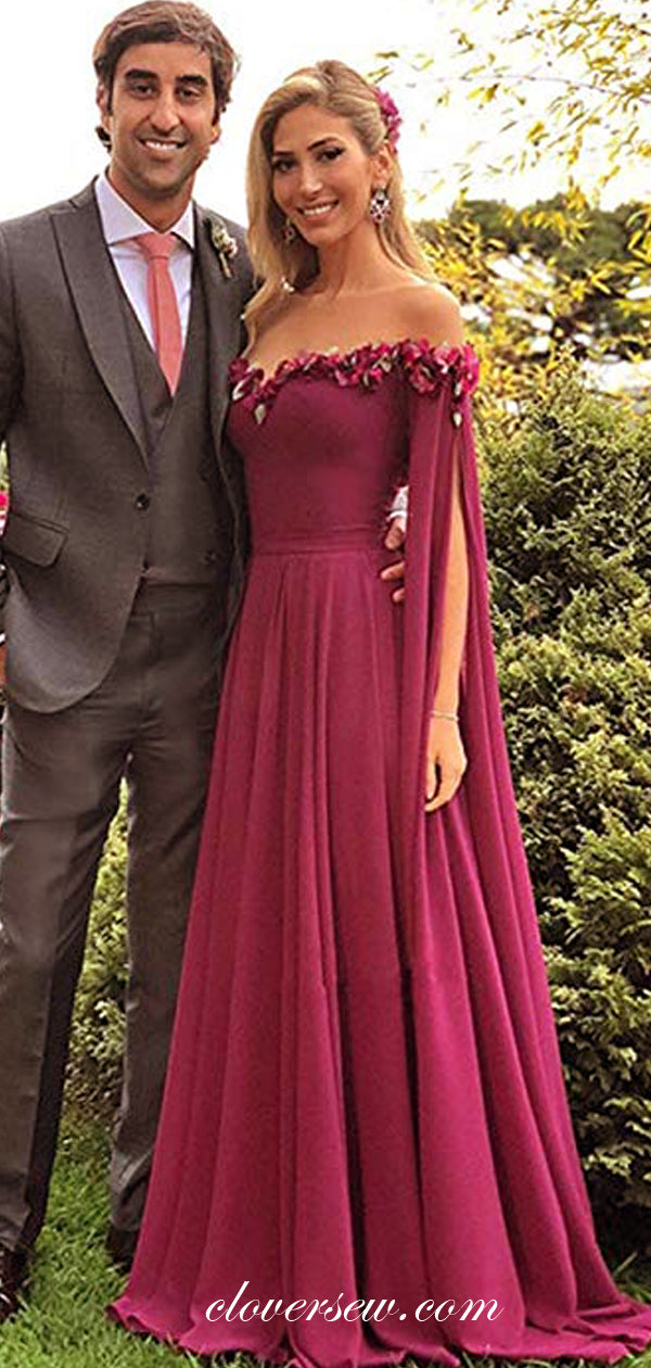 Grape Purple Chiffon Long Sleeves Off The Shoulder A-line Prom Dresses,CP0315