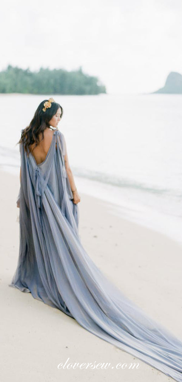 Gray Chiffon V-neck Sleeveless With Train Beach Wedding Dresses,CW0166