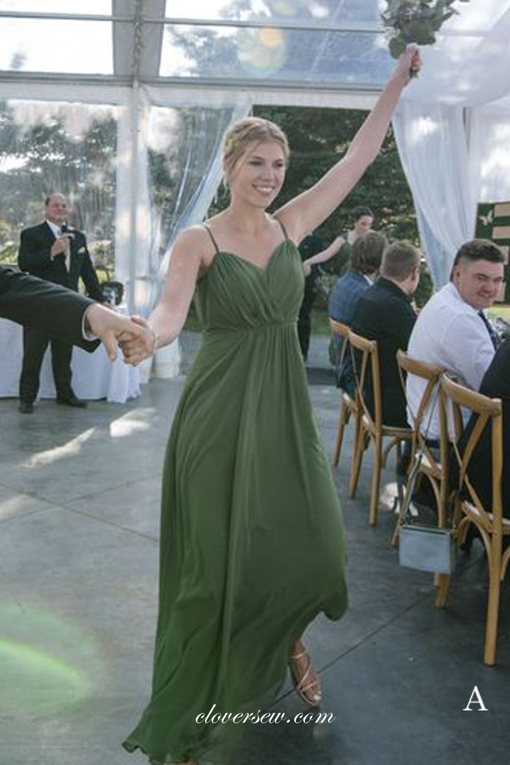 Green Chiffon Mismatched Sleeveless High Waist Long Bridesmaid Dresses, CB0279